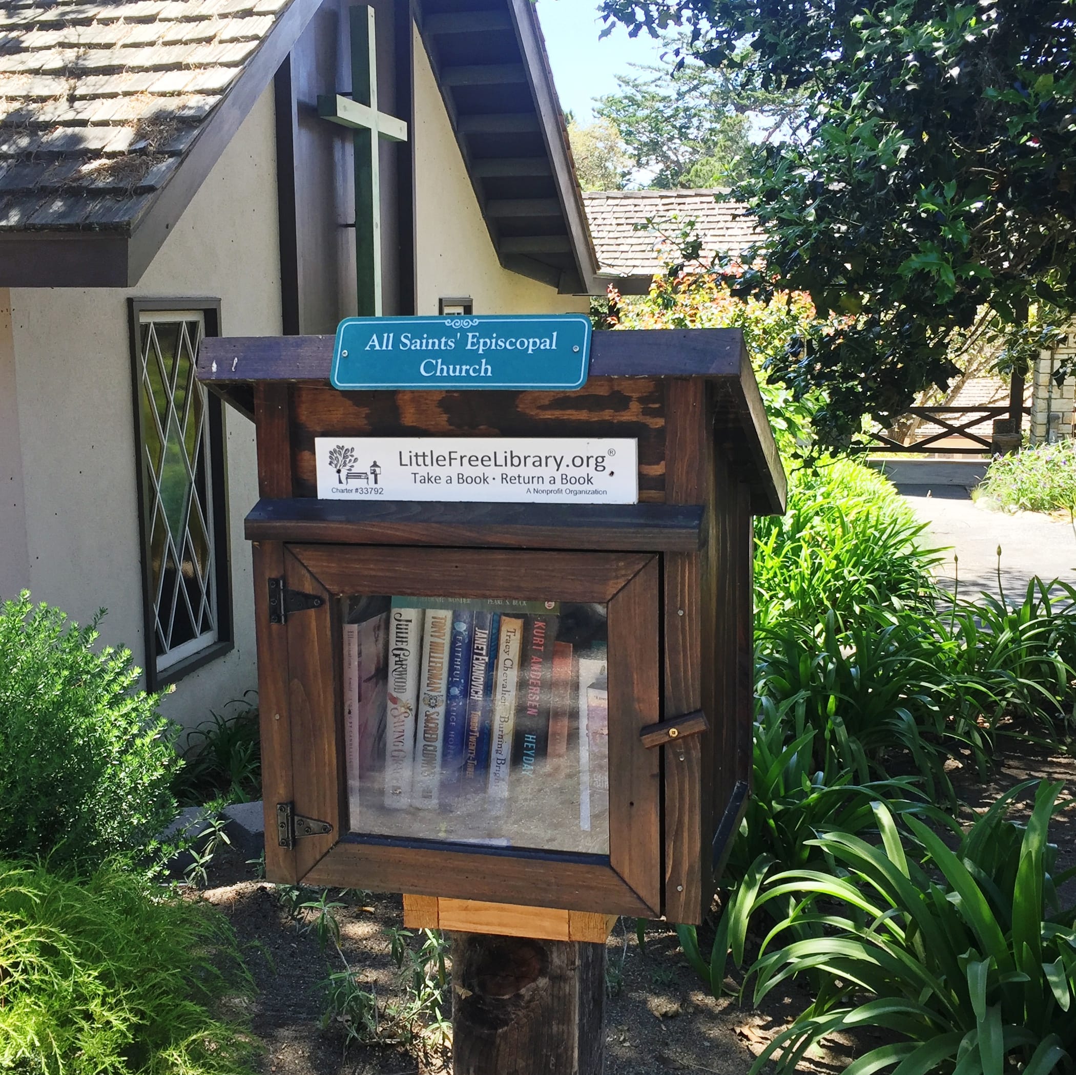 Outdoor library stand at All Saints' church in Carmel. California