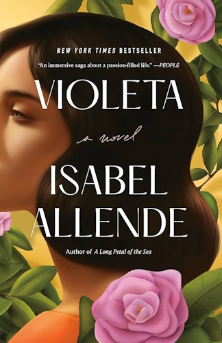 Violeta by Isabel Allende — paperback cover: title 'Violeta', author 'Isabel Allende', ochre and deep purple background, small violet flower illustration